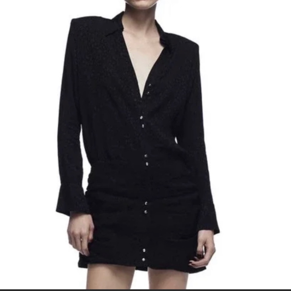NWT | Zara black Short Dress with jewel button and subtle animal print detail.